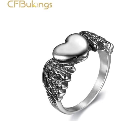 CFBulongs Fashion Stainless Steel Heart-Shaped Angel Wings Women Ring Simple Jewelry Wedding Engagement Ring Party Gift