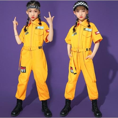 Childrens Hip-Hop Jazz Costumes Girls Clothing Boys Yellow Short Sleeve Jumpsuit Overalls Kids Street Dance Outfits XS1630