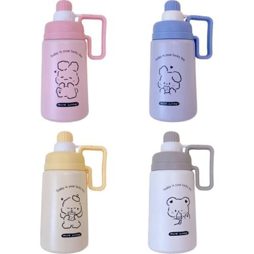 Portable Thermos Mug Cartoon Little Animal Pattern Children School Cup Insulated Stainless Steel Straw Water Bottle