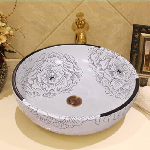 Europe Vintage Style Ceramic Art Basin Sink Counter Top Wash Basin Bathroom Sinks vanities hand painted wash basins peony