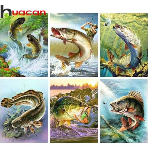 Huacan Full Square Diamond Painting Fish Art 5D Diamond Embroidery Mosaic Animal Decorations Home