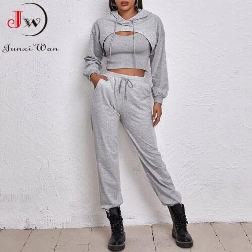 3pcs Sets Women Casual Fashion Spring Autumn Sports Suit Loose Short Hoodie Camisole Crop Tops Sweatpants Pants Suits