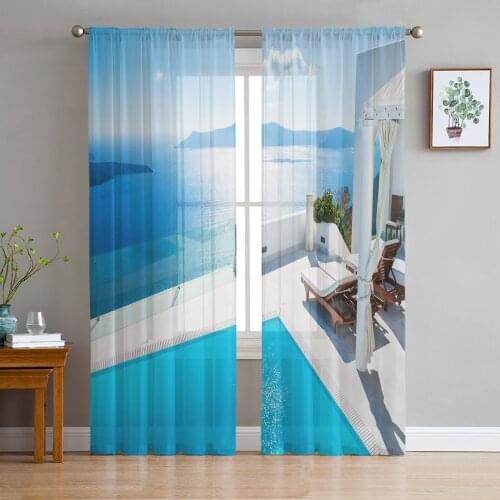 Sea Building Chair Scenery Tulle Curtains for Living Room Decoration Modern Chiffon Sheer Voile Kitchen Curtain