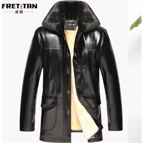 Mens leather jacket Middle length PU coat men faux leather jackets Plus velvet middle-aged clothes jaqueta de couro autumn