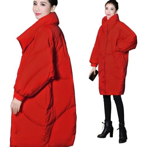 2020 Winter Korean Cocoon Mid-length Down Cotton Coat Womens Warm Parka Jackets Red Plus Size Loose Cotton-padded Clothes M814