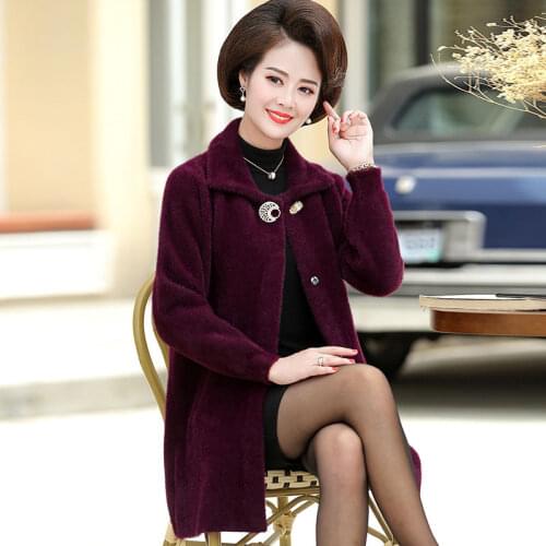 2020 Middle-aged Women Autumn Winter Thick Warm Imitation Mink Cashmere Wool Coat Elegant Outerwear Mother Mid-Long Overcoat W5