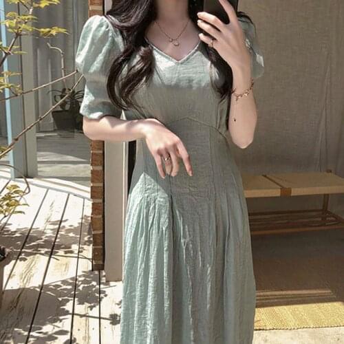 Puff Sleeve Dress One-Piece Korean Fashion Vintage Chiffon Solid Female Summer 2021 Elegant V-Neck Pleated Design Sense Dresses