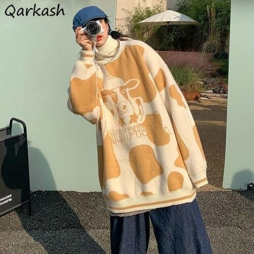 Turtleneck Pullovers Cute Cow Printed Oversize Unisex Couple Fresh Warm Females Sweaters Trendy School Girls All-match Knitting