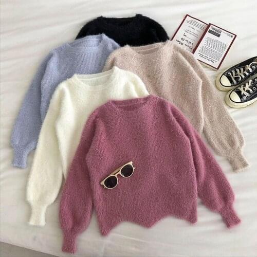 Pink Mohair Thicken O-neck Sweater Autumn Winter Sweet Fashion New Korean style irregular hem Casual Solid Color Pullover 2021