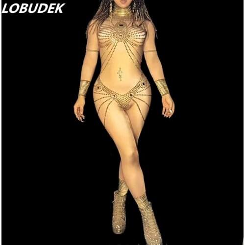 Sexy Nude Color Gold Rhinestones Skinny Jumpsuit Nightclub Bar Pole Dancing Women Costume Singer Party Show Stage Dance Outfit