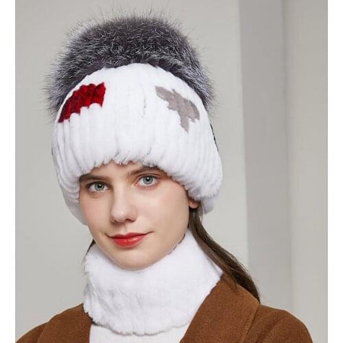 JKP rabbit fur hat real rabbit fur cap stripes with fluffy silver fox fur ball and bib women winter new style Russian hot sale