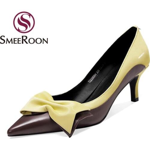 Smeeroon 2021 Genuine Leather Pumps Summer Shallow Pointed Toe Party Dress Shoes Fashion Elegant Party Wedding Shoes