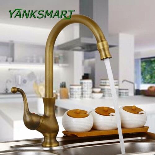 YANKSMART Kitchen Taps Cozinha Faucet Antique Brass Swivel Spout Kitchen Faucets Single Handle Vessel Sink Mixer Tap