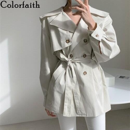 Colorfaith New 2020 Autumn Winter Womens Cargo Windbreaker Navy Style Vintage Outerwear Oversize Trench Lace Up Tops JK1307