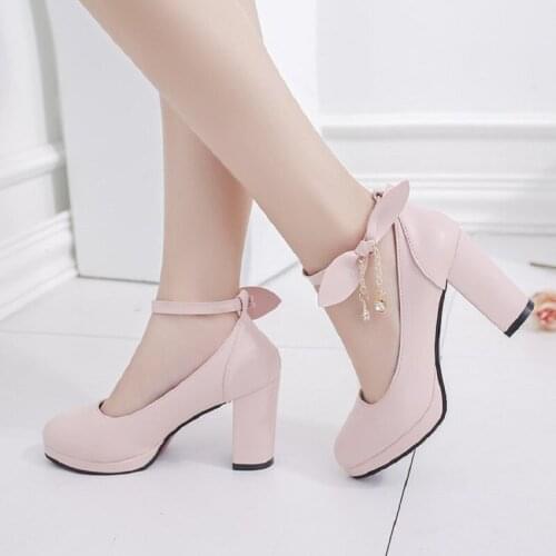 Pure Color Round Head Waterproof Platform Bowknot Elegant Temperament Ladies High Heels Spring And Autumn Trend Single Shoes
