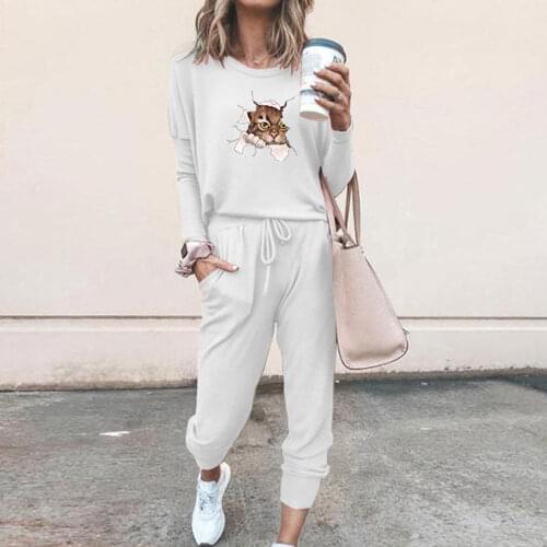 Two Piece Sets Women Cat Print Long Sleeve and Solid Color Pants Autumn Suit Female Casual Length Trousers Outfits 2021