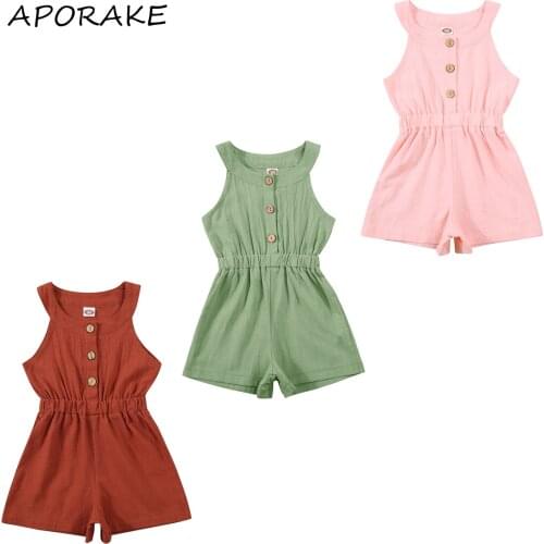 2021 Summer Baby Girl Romper Sleeveless Playsuit with Elastic Waist Single-breasted Solid Color Casual Style Tunic Jumpsuit