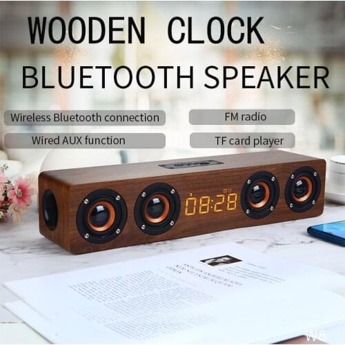 Wooden Subwoofer Soundbar Portable Column Bluetooth Speaker Wireless Home Theater HIFI Stereo Music Clock Radio for TV AUX USB
