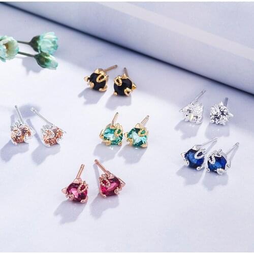 Korean version of 925 silver plated rose zircon cat earrings female rose gold studded cat earrings simple jewelry