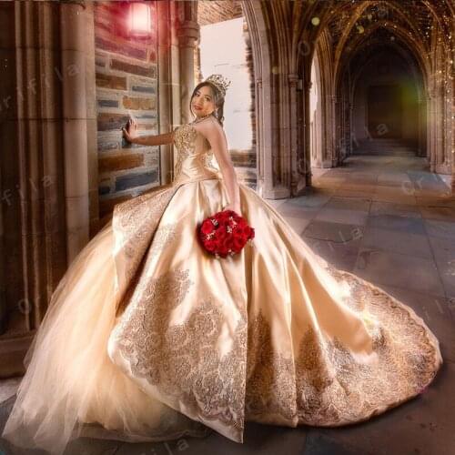 Champagne vestido de 15 anos Quinceanera Party Dresses Appliques Lace Sweet 16 Dress Graduation Evening Gowns Sweep Train