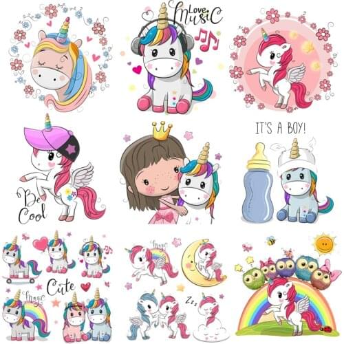 Cartoon Unicorn Patch Iron-on Transfers Owl Flower Patches for Kids Clothing DIY T-shirt Dresses Applique Heat Transfer Vinyl