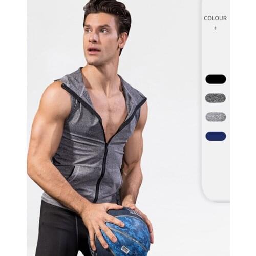 Mens tight-fitting sleeveless vest sports running training fitness clothing zipper hooded quick-drying clothing jacket 9006