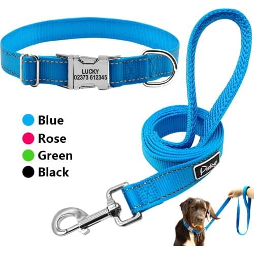 Reflective Personalized Dog Collar Leash Set Nylon Engraved Dogs Collars and Leashes Set for Small Medium Large Dogs Pitbull