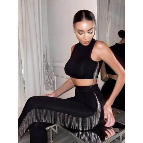 New Two Piece Set For Women Summer Black Bandage Dress 2020 Sexy Crop Top & Long Pants Shinny Diamond Vintage Vestios Bandagem