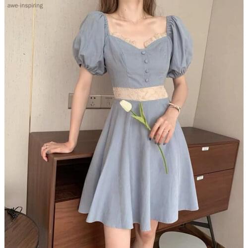 2021 Summer New Style Square Shoulder Dating Skirt Temperament Square Neck Puff Sleeve First Love Niche Dress Children