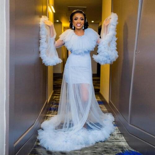 Casual Light Blue Women Dress Tulle Ruffle Floor Length See Thru Evening Dress Long Sleeves Plus Size Prom Dress Custom Made