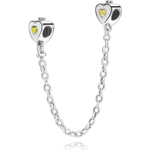 SALE! 925 Sterling Silver Beads Fit Original Pandora Bracelets One Line Heart Safty Chain Women DIY Fashion Jewelry Gift