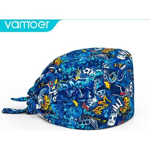 Fashion Cool 100% cotton cartoon print hats adjustable scrub hats beauty salon working hat laboratory pet shop scrubs caps