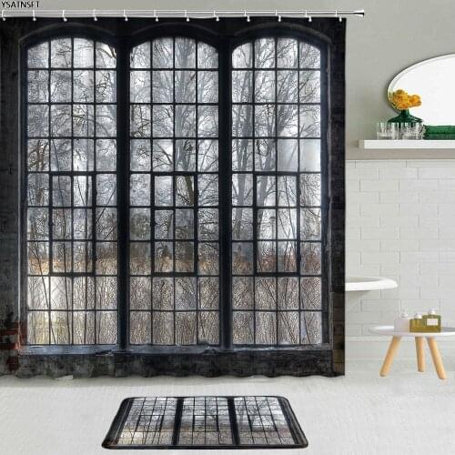 2Pcs Retro Old Window Pattern Shower Curtain Steel Door Winter Forest Scenery Fabric Non-Slip Bath Mat Bathroom Set Home Decor
