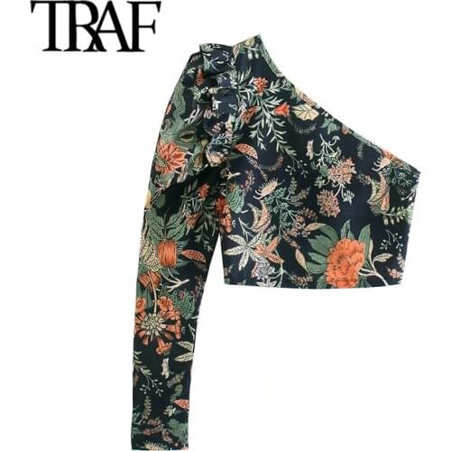 TRAF Women Fashion Floral Print Ruffled Asymmetric Crop Blouses Vintage Long Sleeve Side Zipper Female Shirts Chic Tops