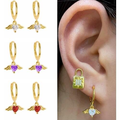 AIDE S925 Sterling Silver Cute Angel Heart Earrings Women Purple Red White Zircon Hoops Earrings Jewelry Pendientes Mujer
