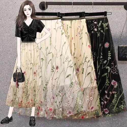 Women Skirts Embroidery Mesh Flowers Slim Sexy High Waist Long Skirt Larg Sweep Plus Size Casual A Line Women Clothing