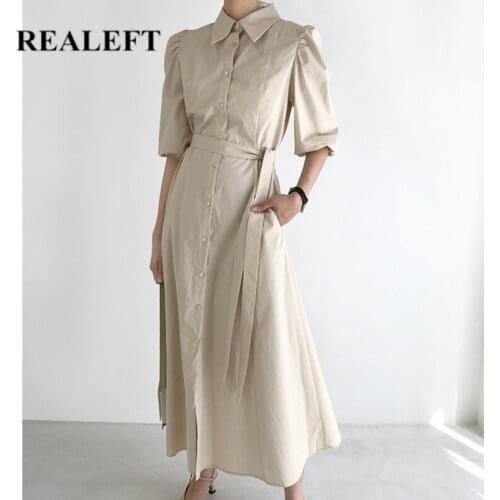 REALEFT Summer 2021 New Elegant Womens Long Shirts Dresses Sashes Lace Up Single Breasted Casual Loose Female A-Line Dress