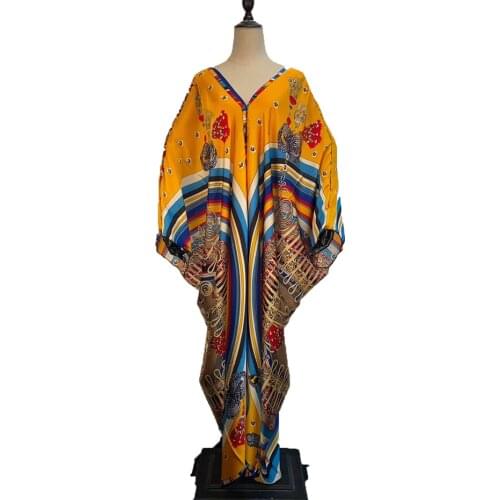 Plus size Sexy V-neck Summer Silk Kaftan Long dress Fashion Dubai Printed Kaftan Abaya Middle Eastern Muslim Moroccan for women
