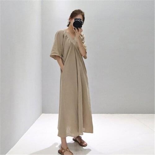 Johnature 2021 Vintage Linen Summer Women Clothes Dresses New V-neck Short Sleeve Loose Solid Color Women Dress