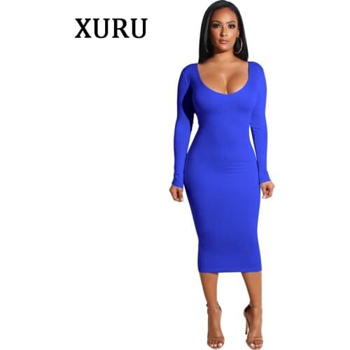 XURU Autumn Long Sleeve Women Pencil Dress O Neck Solid Bodycon Dresses Blue White Black Dark-blue Army-green Dress Female