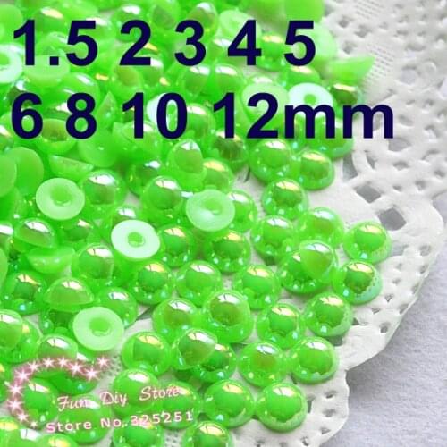 1.5-12mm AB Fluorescent Green Flat Back Fake Pearl Cabochons,Garment Decoration Beads,Embellishment Crafting,Nail Art Pearls