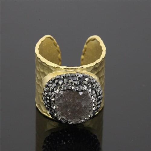 1PC New Arrival 24K Alloy Ring Women Elegant Wide Cuff Ring Rhinestone Heart Natural Stone Druzy Ring