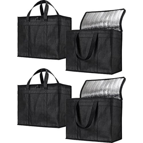 4 Pack Grocery Bags Reusable Thermal Cooler Tote Leakproof with Zipper Keeps Food Hot or Cold Great for Food Delivery