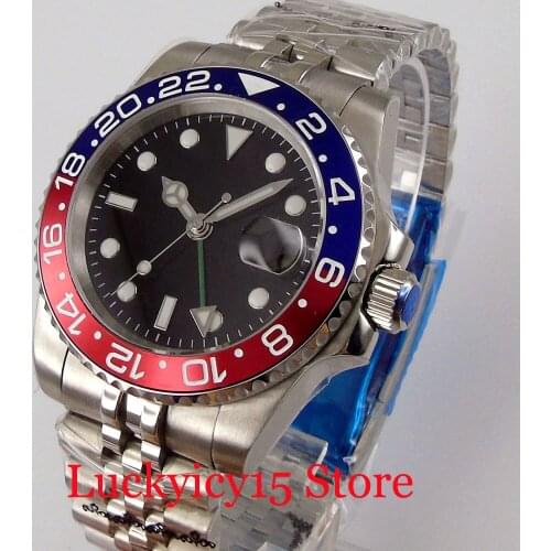 BLIGER Nologo 40mm GMT 40mm Automatic Men Watch Date Jubilee Bracelet Screwdown Crown Steel Solid Back