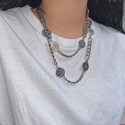 20 Men and Women Couples Stainless Steel Thick Chain Moody Smiley Face Pendant Necklace Set Hip Hop Punk Clavicle Chain In Bulk