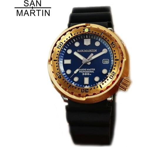 San Martin 30Bar Tuna SBBN015 Bronze Mens Watches Sapphire Crystal Rubber Strap Automatic Mechanical Wrist watch for Men reloj
