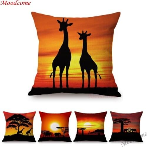 18" Beautiful Africa Sunset Cute Baby Giraffe Elephant Sofa Throw Pillow Case Cotton Linen African Animals Chair Cushion Cover