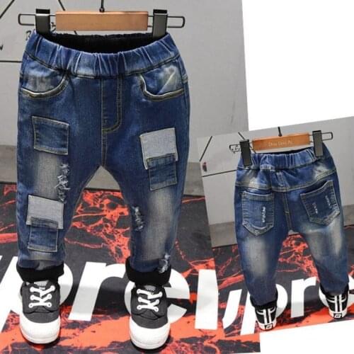 Jeans children stitching boys jeans winter plus velvet kids trousers retro washed denim suitable for 2-7 years old