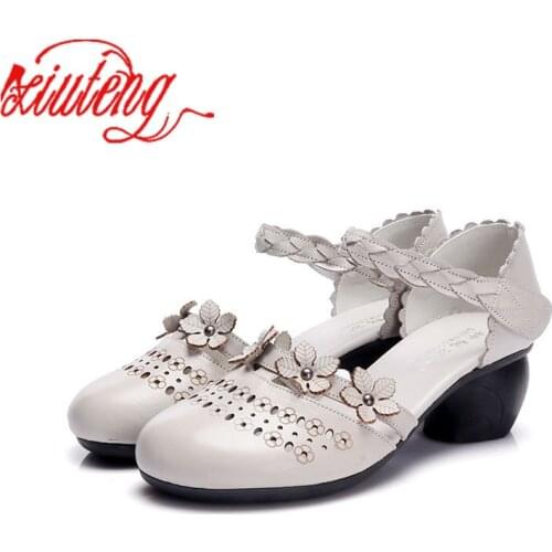 Glglgege 2021 New Genuine Leather Thick Heel Shoes Womens Sandals Fashion Flower Shoes New High Heels Mid Heel Fashion