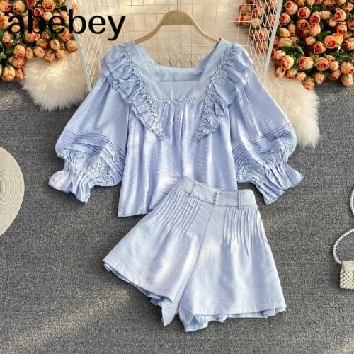 2021 New Spring Autumn Sweet square collar Lantern Sleeve Ruffles short Shirt + high waist pleated wide leg Shorts two piece set